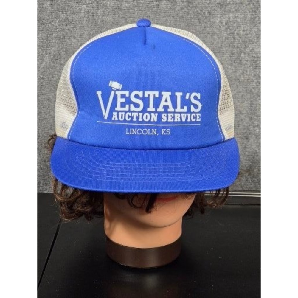 Vintage Beco Vestals Auction Service Lincoln KS Blue White Mesh‎ Trucker Hat Cap